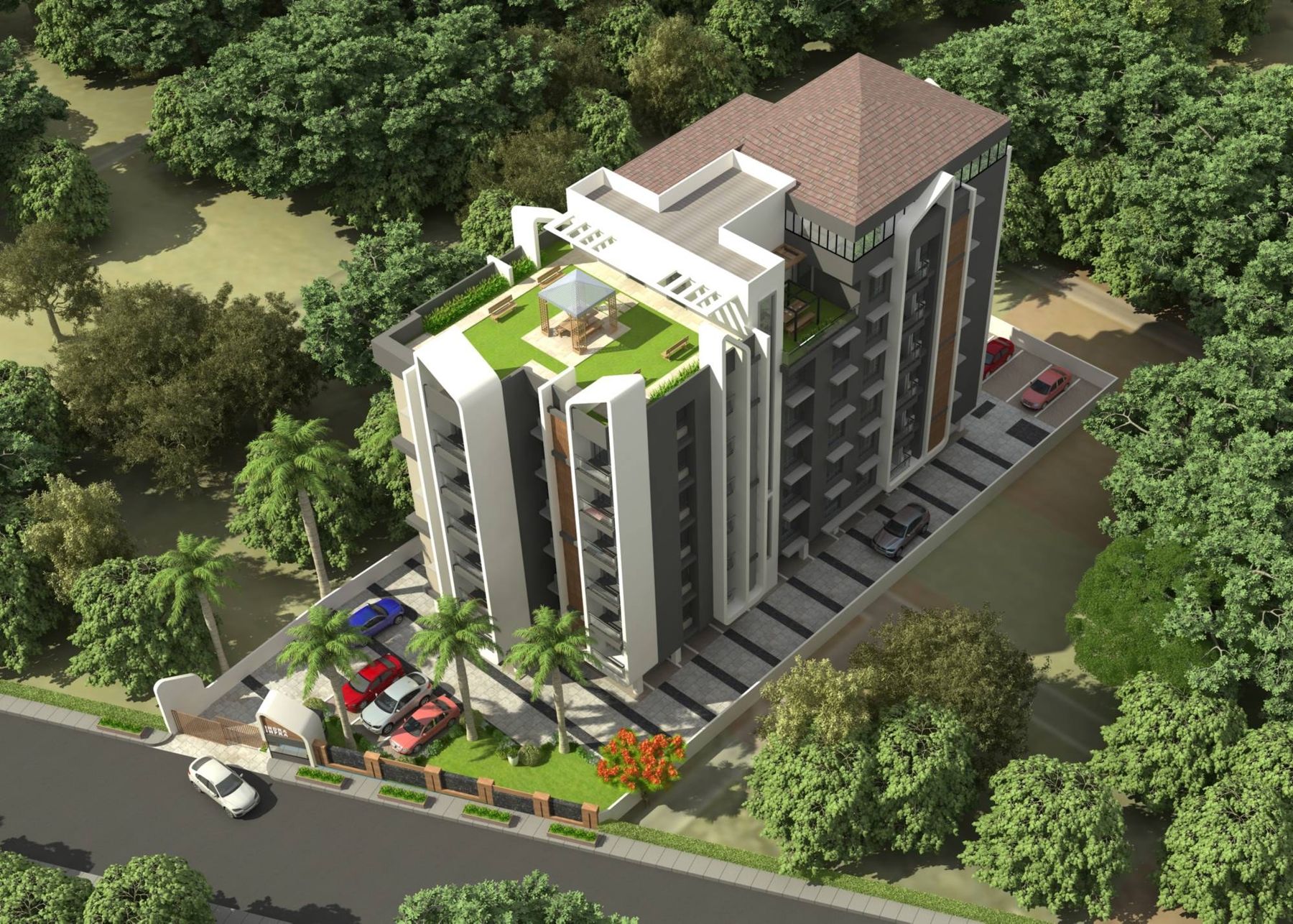 Aerial view of Indra Nova with its rooftop garden