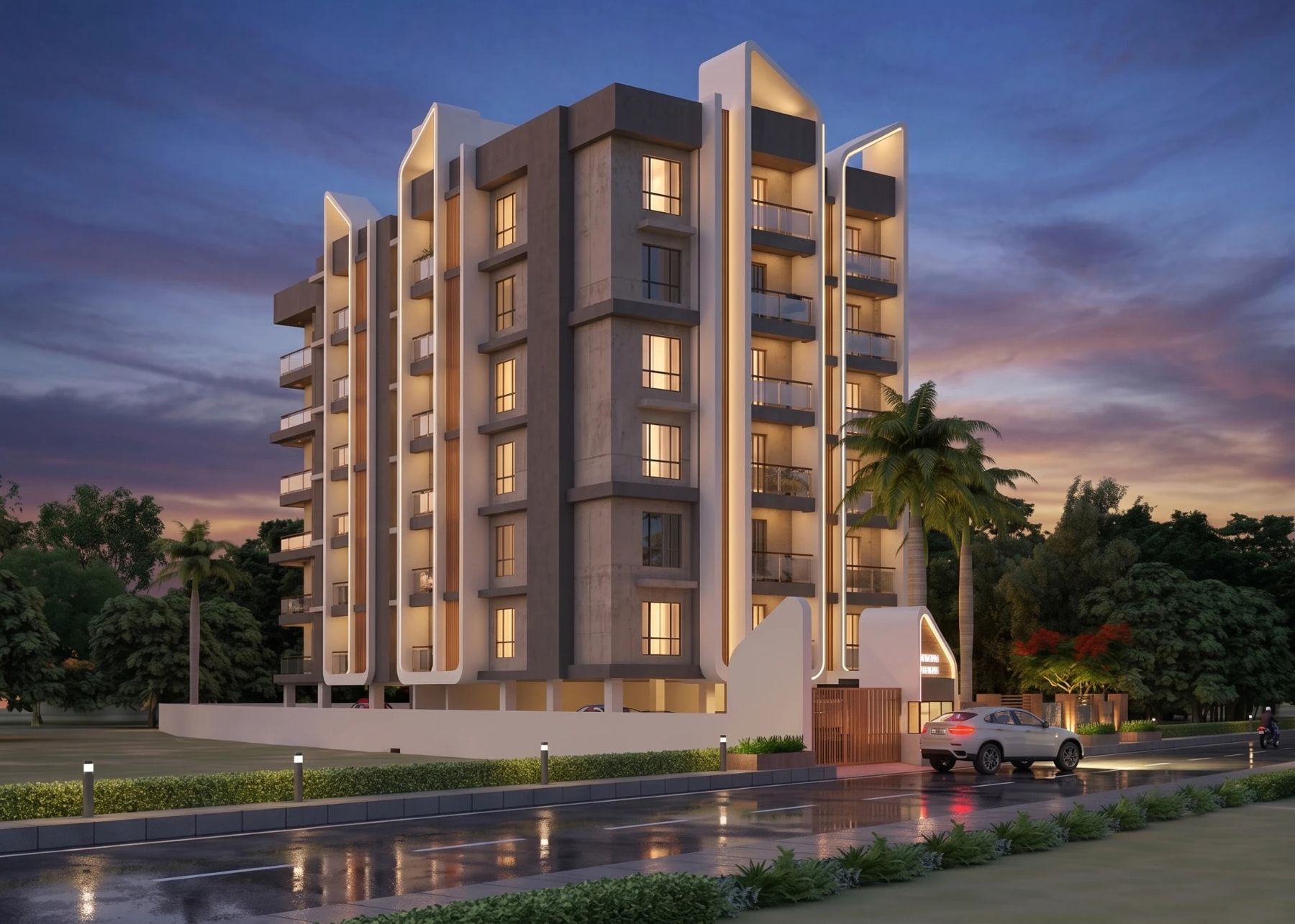 Indra Nova elevation at dusk