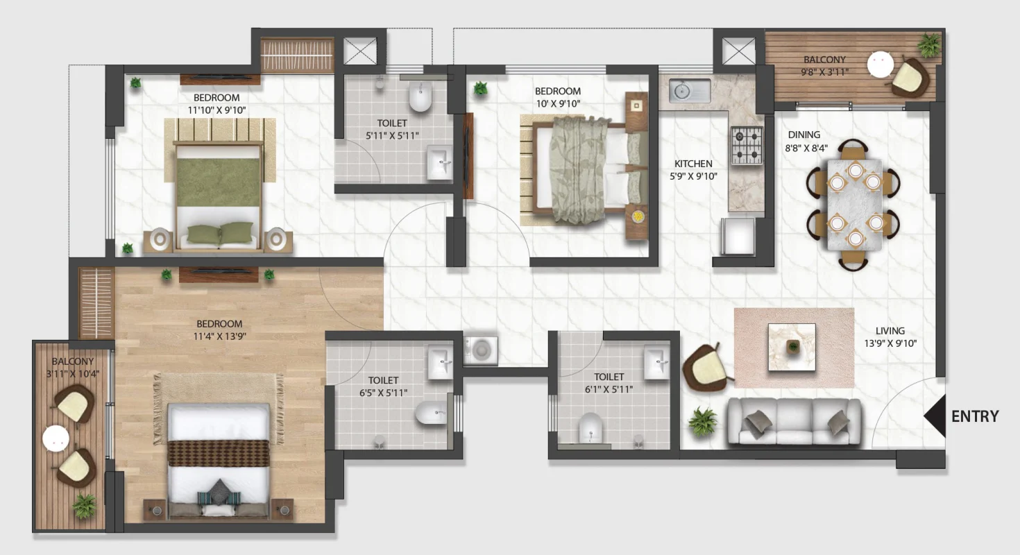 Floor plan of Flat 101, 3 BHK